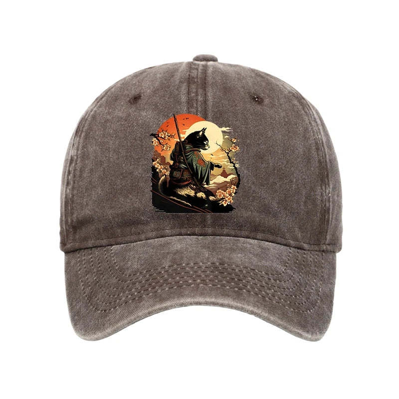  Cat Ninja Ukiyo-e Anime Style Samurai Washed Cap