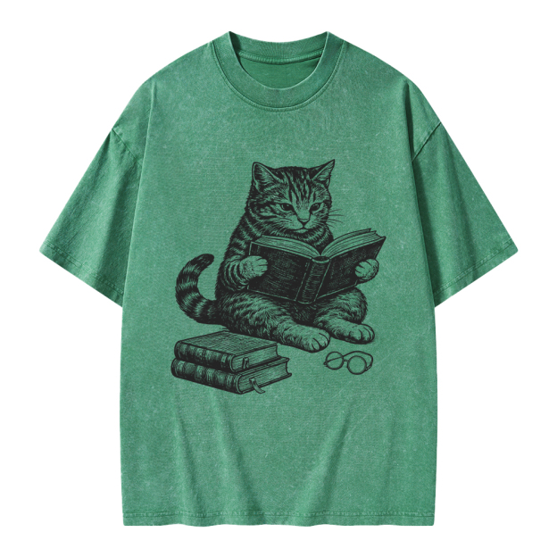 Unisex Cat Reading Book Printed Washed Tee