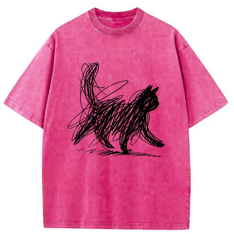 Unisex Minimalist Cat Art Washed T-Shirt