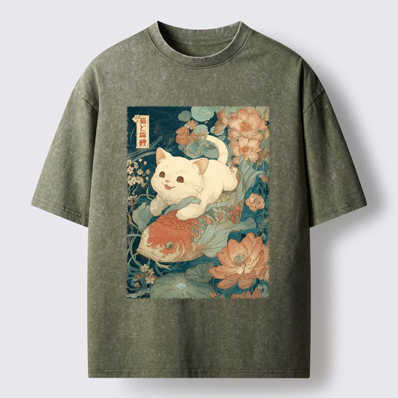 Unisex Cat And Koi Washed T-Shirt