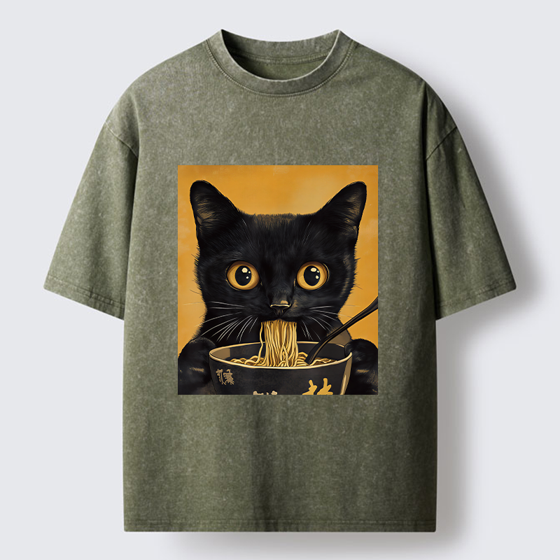 Unisex Cute Black Cat Eating A Big Bowl Of Ramen Washed T-Shirt