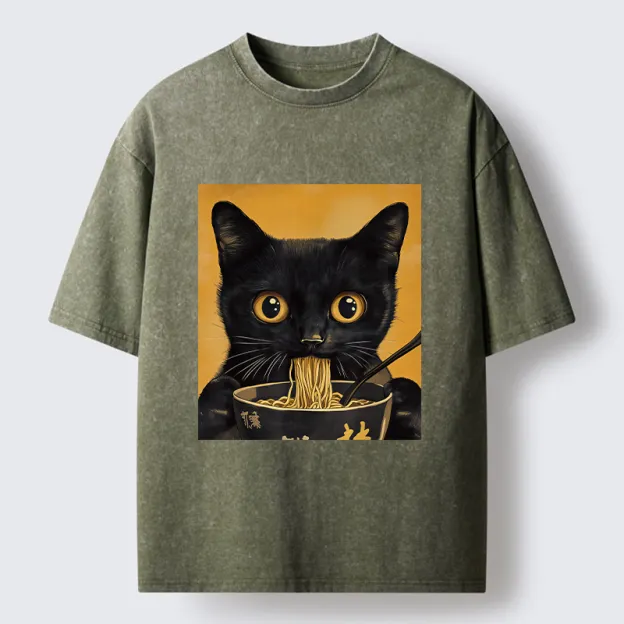 Unisex Cute Black Cat Eating A Big Bowl Of Ramen Washed T-Shirt