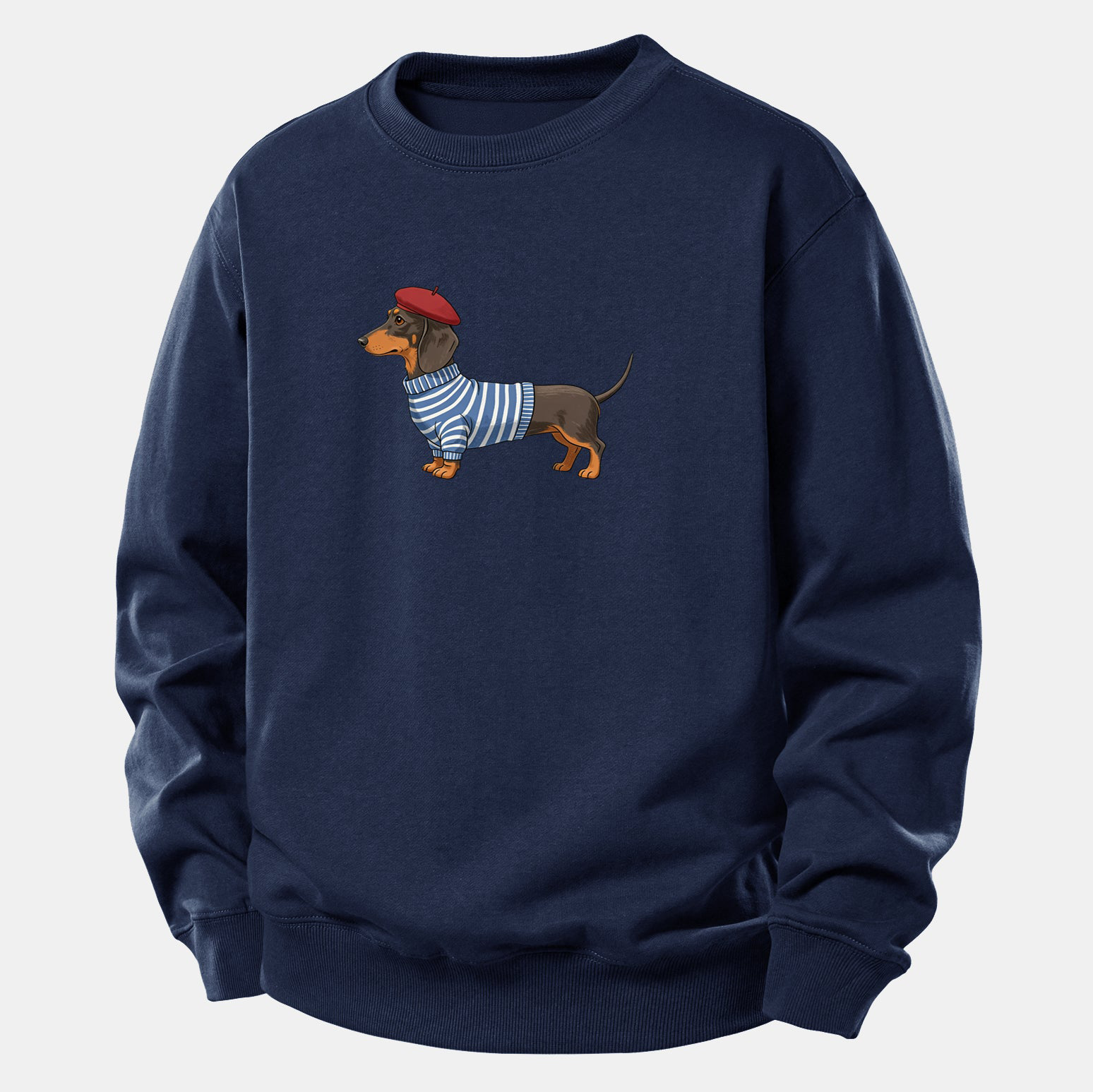 Dachshund Wearing Striped Sweater Print Relax Fit Sweatshirt