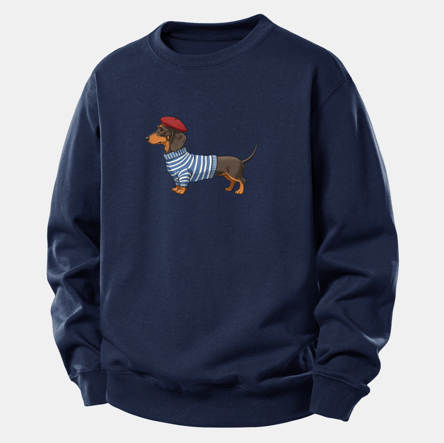 Dachshund Wearing Striped Sweater Print Relax Fit Sweatshirt