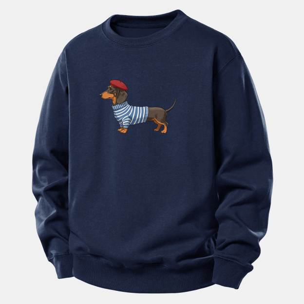 Dachshund Wearing Striped Sweater Print Relax Fit Sweatshirt