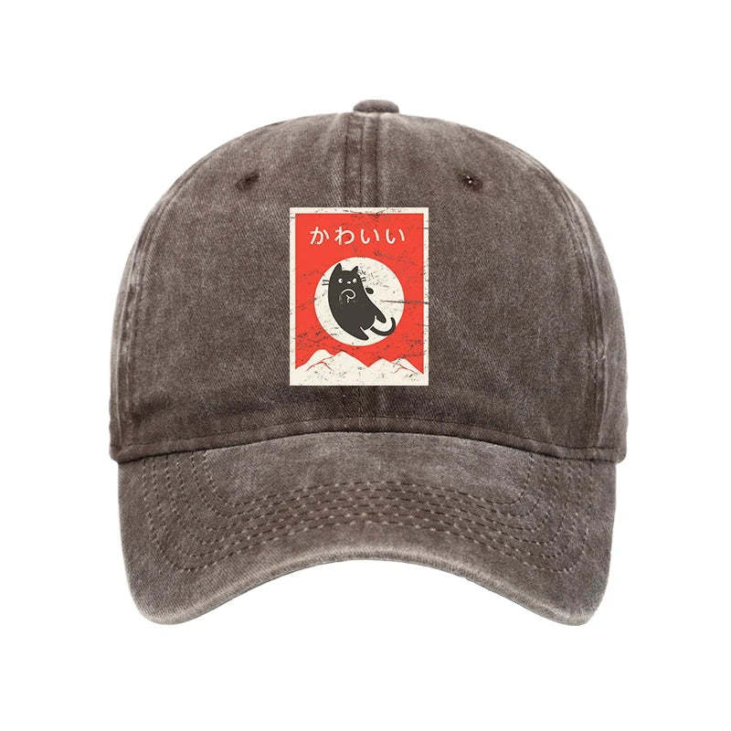 Tokyo-Tiger Cute Black Cat Japanese Washed Cap