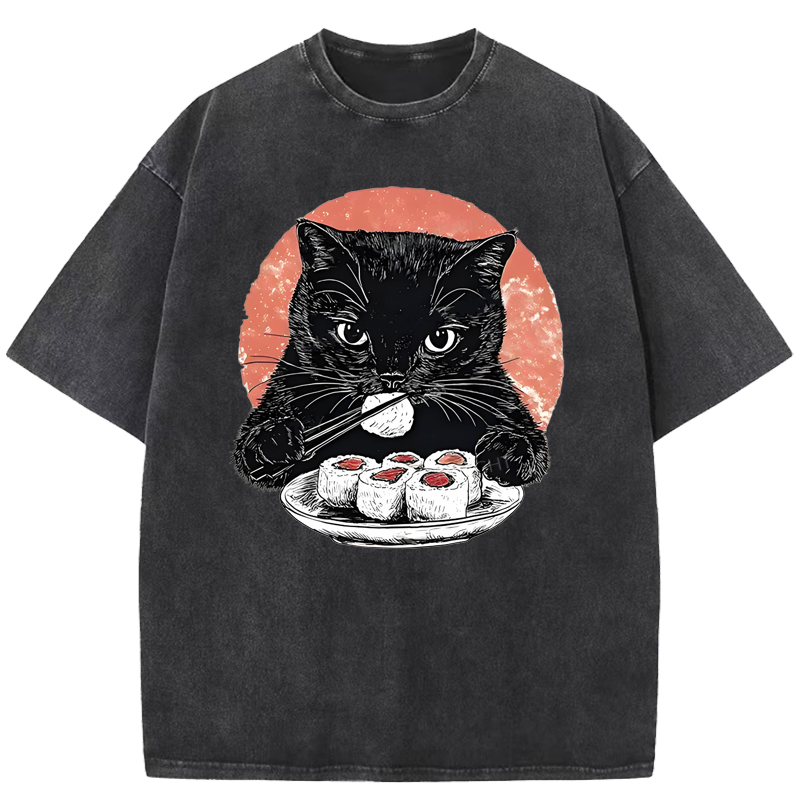  Cat Eating Delicious Sushi Washed T-Shirt