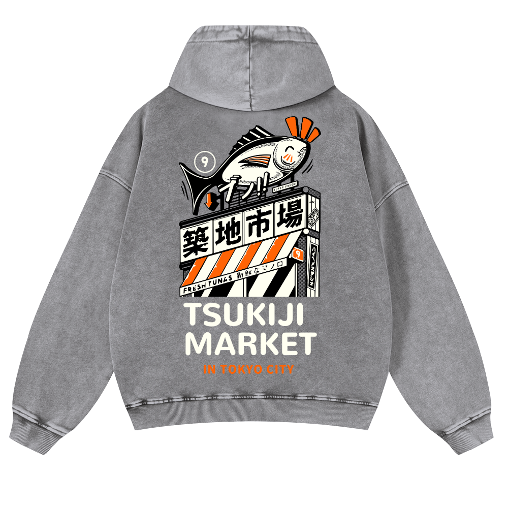 Tsukiji Fish Market Vintage Washed Cotton Back Art Hoodie