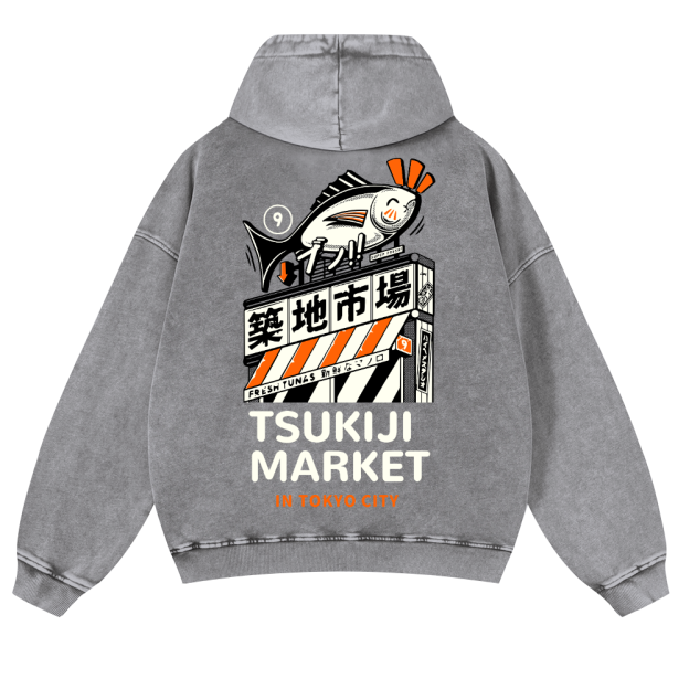 Tsukiji Fish Market Vintage Washed Cotton Back Art Hoodie