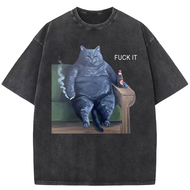  Funny Fat Smoking Cat Art Print Washed T-Shirt