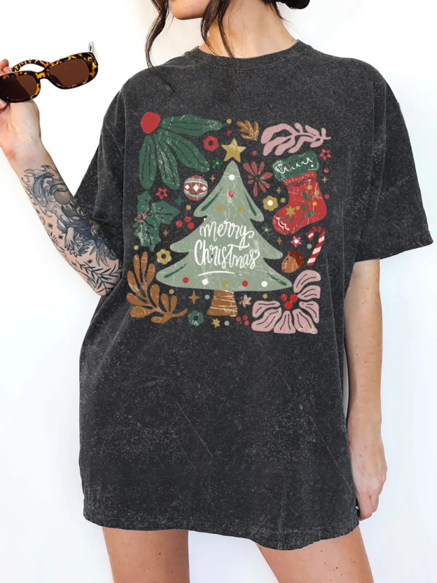 Vintage Merry Christmas Green Flora Washed T-Shirt