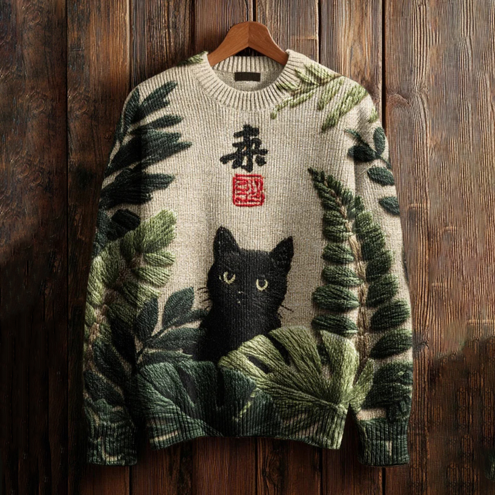 Men's Black Cat And Palm Leaf Art Print Sweatshirt