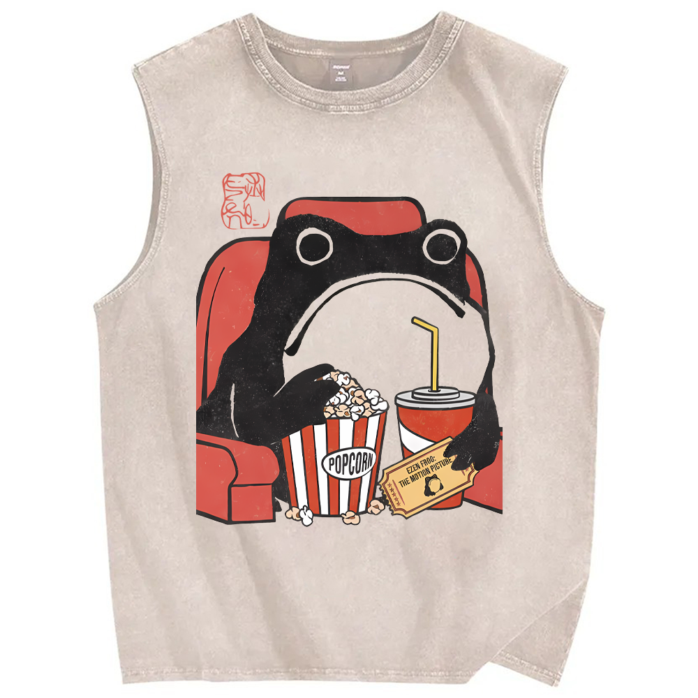 Unisex Vintage Popcorn Cola Frog Printed Washed Tank Top