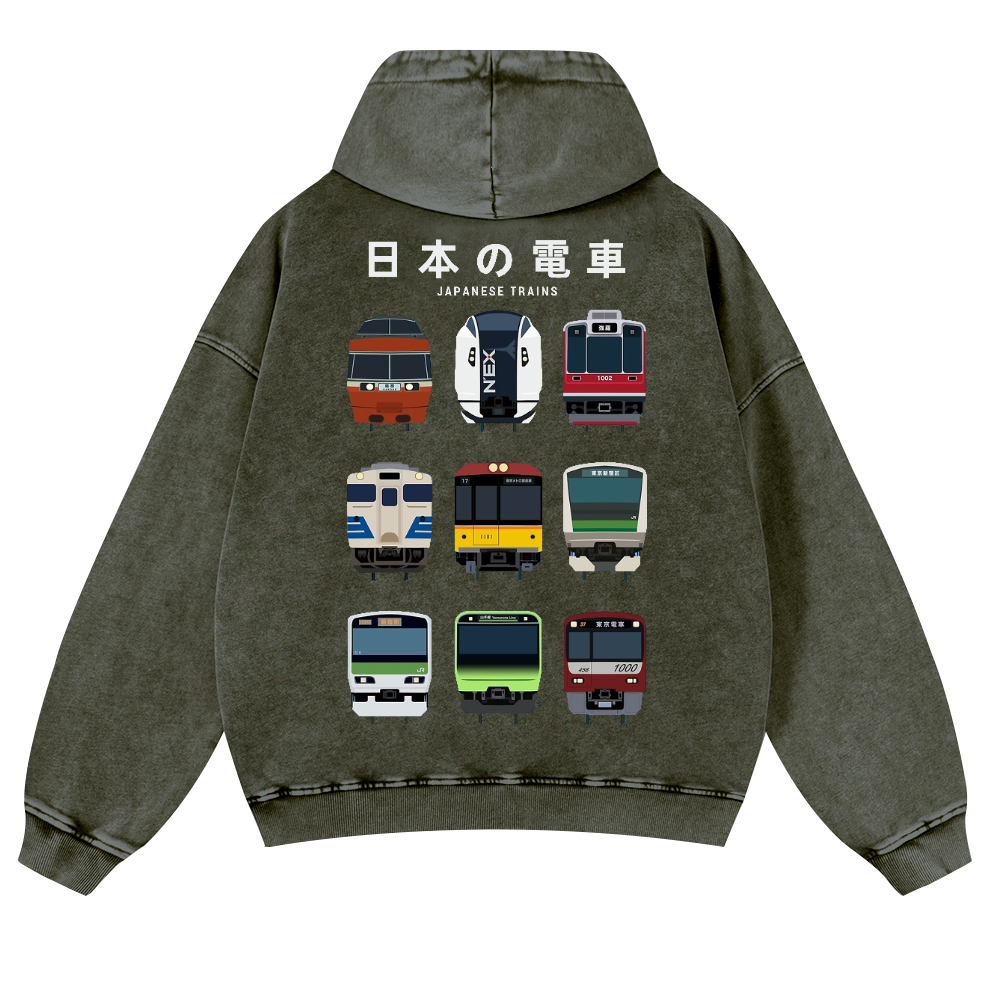 Japanese Trains Vintage Washed Cotton Back Art Hoodie