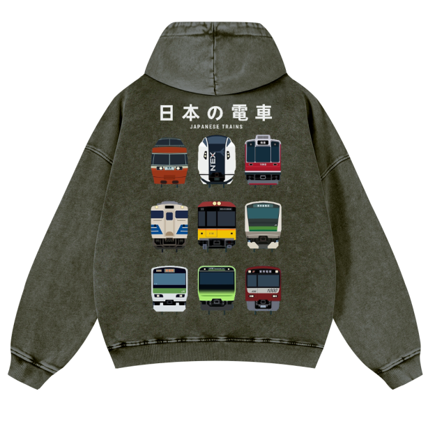 Japanese Trains Vintage Washed Cotton Back Art Hoodie
