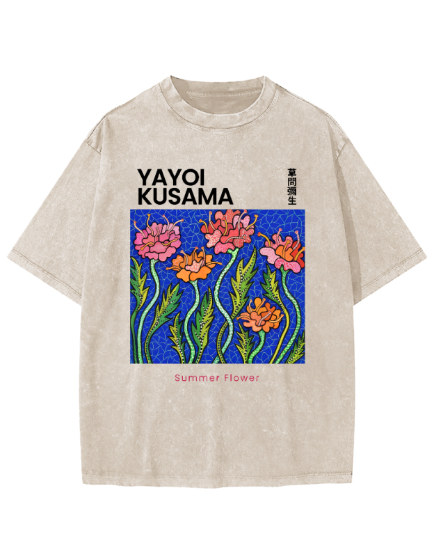Summer Flower Art Japanese Style Vintage Washed T-shirt