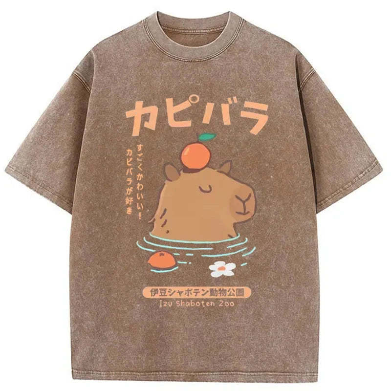 Capybara Soaking In Hot Springs Washed T-Shirt