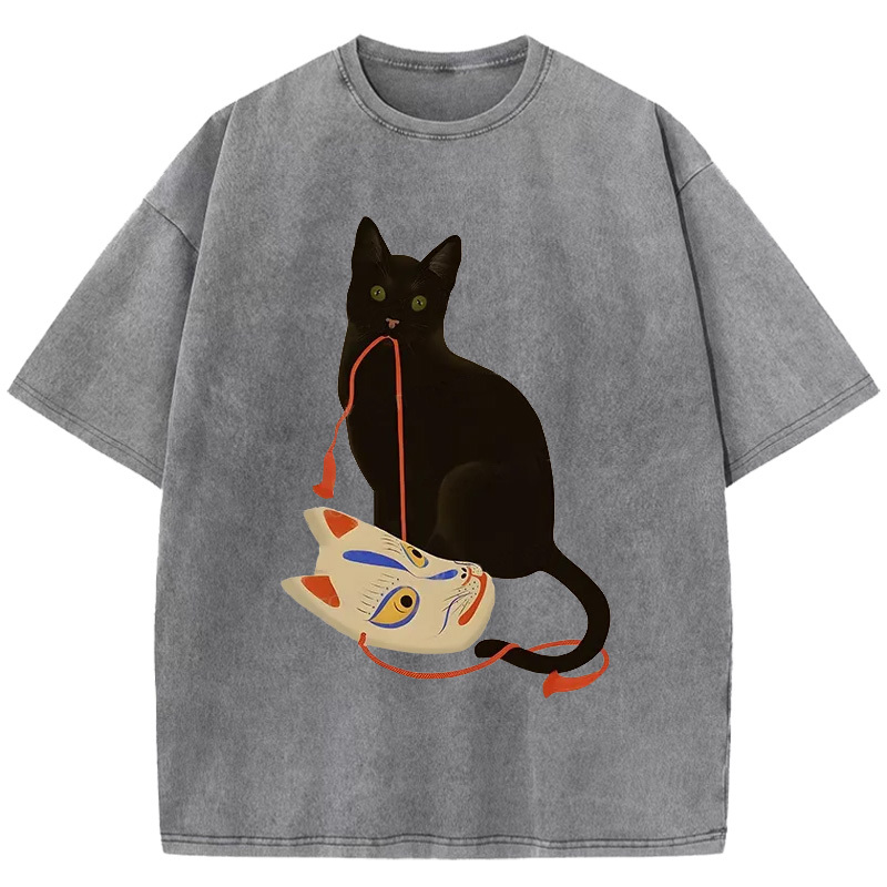 Cat Holding A Fox Mask Washed T-Shirt