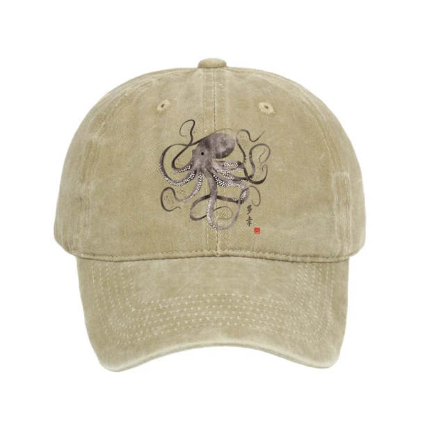  Octopus Japanese Calligraphy Washed Cap