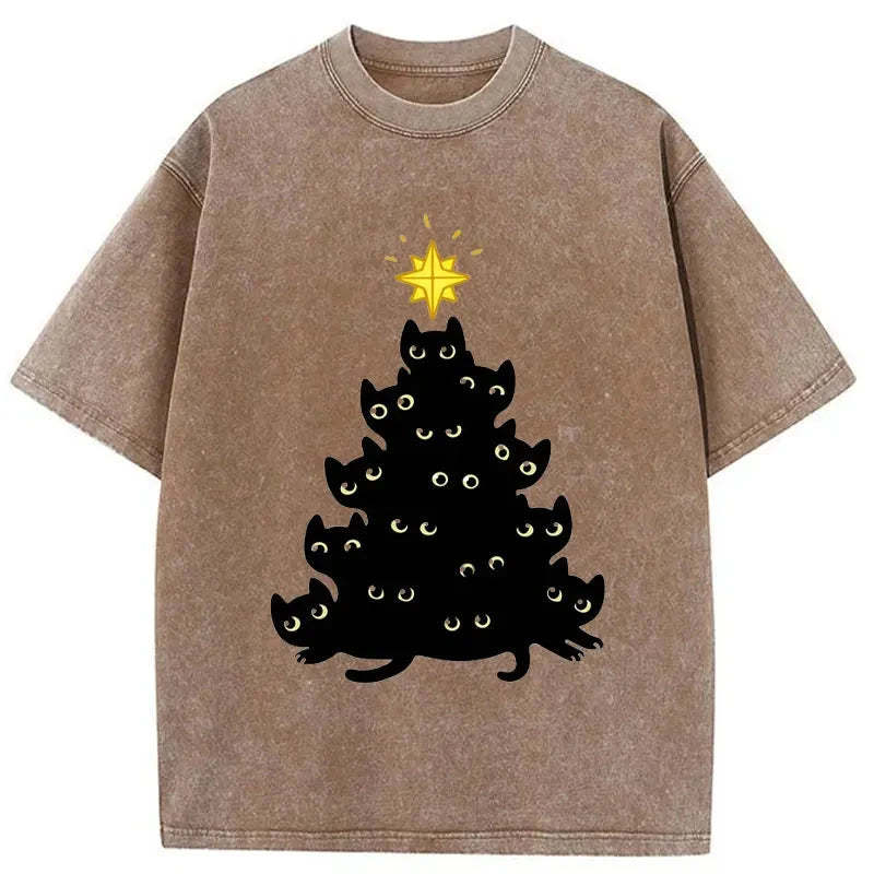 Black Cat Christmas Tree Washed T-Shirt