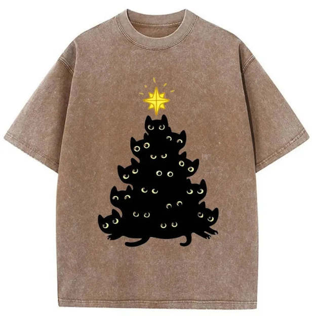 Black Cat Christmas Tree Washed T-Shirt