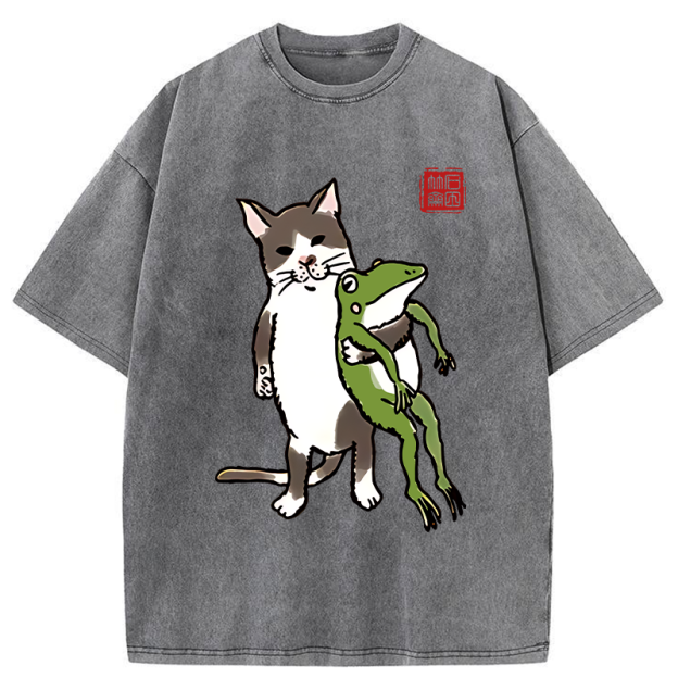 Cat Holding A Frog Washed T-Shirt