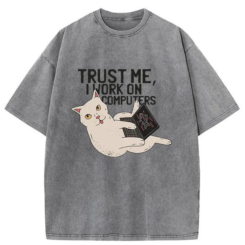 Cat At Work Washed T-Shirt