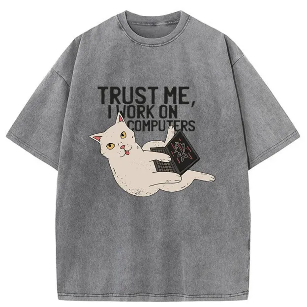 Cat At Work Washed T-Shirt
