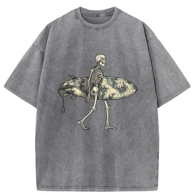 Skeleton Ready To Go Surfing Washed T-Shirt