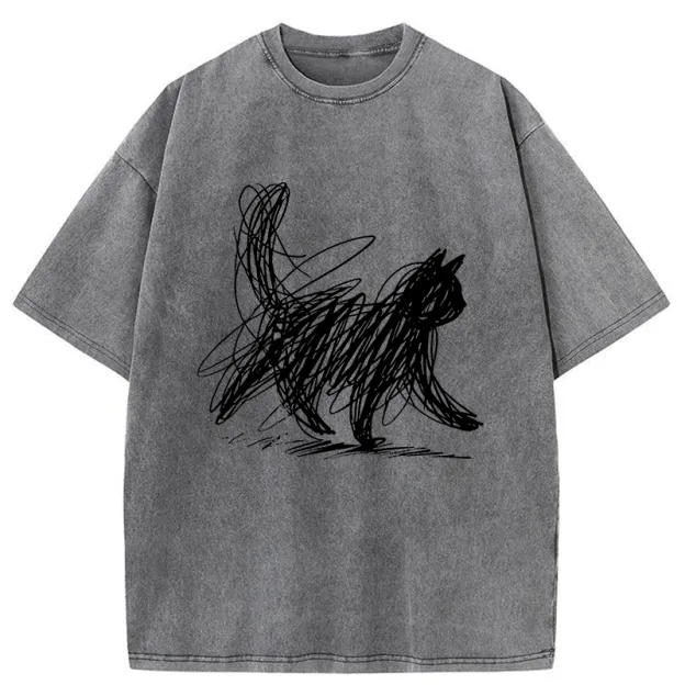 Unisex Minimalist Cat Art Washed T-Shirt
