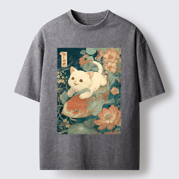 Unisex Cat And Koi Washed T-Shirt