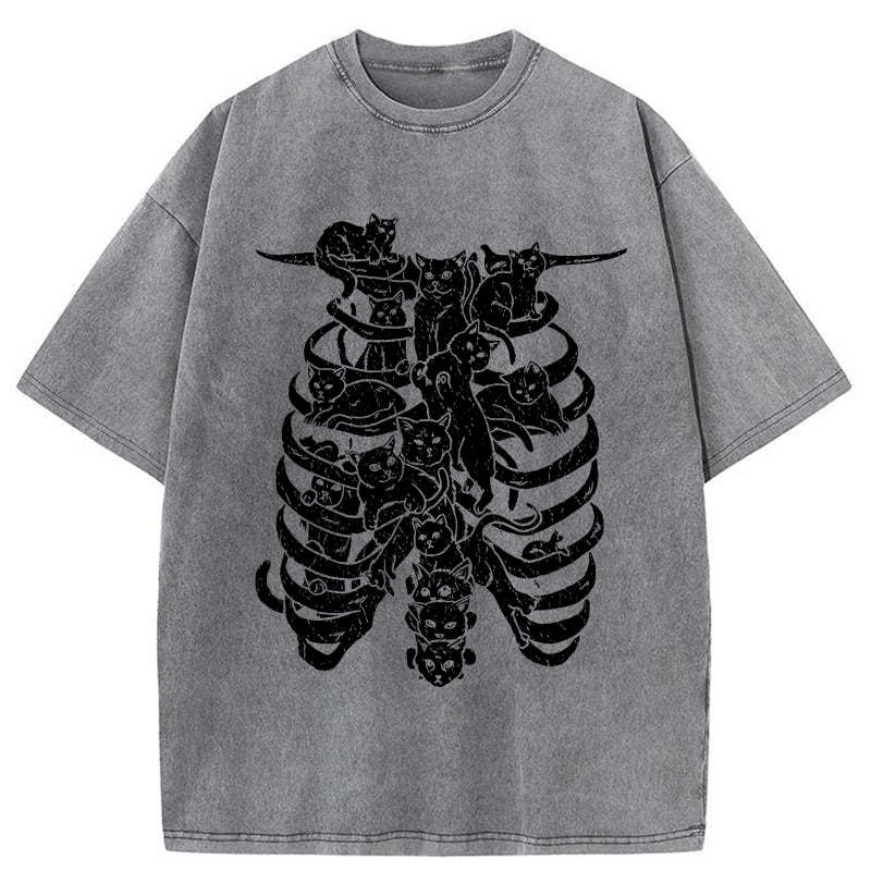 Cat Lying On The Skeleton Washed T-Shirt