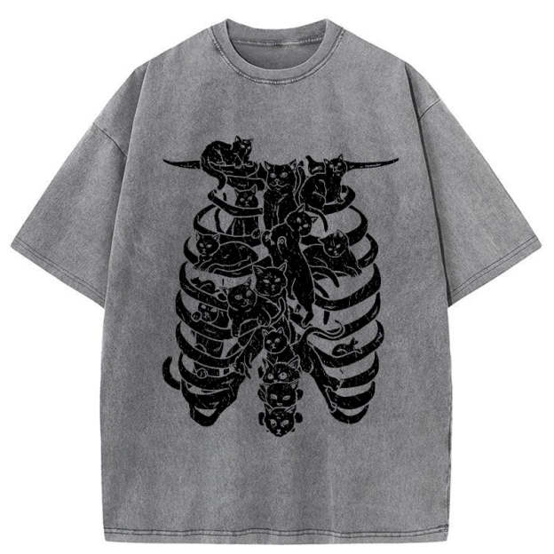 Cat Lying On The Skeleton Washed T-Shirt