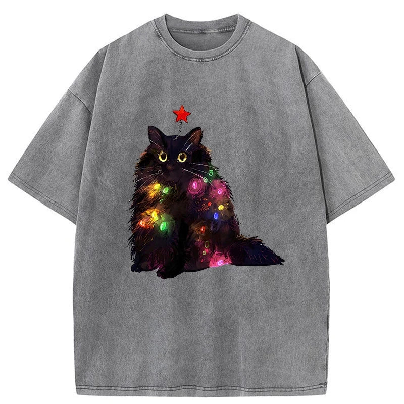 Christmas Lights Cat Washed T-Shirt