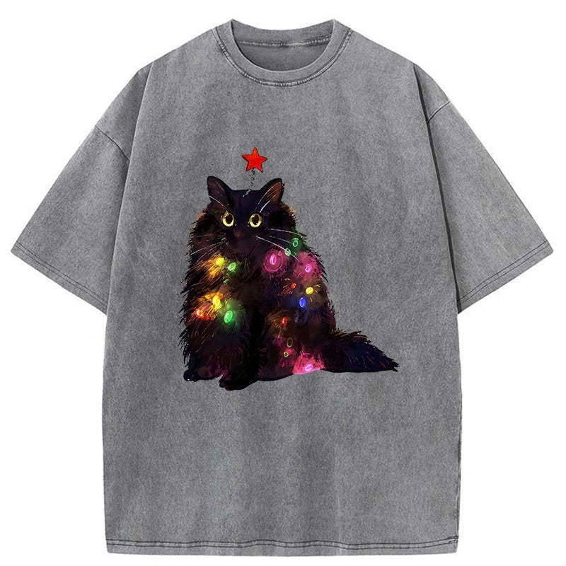 Christmas Lights Cat Washed T-Shirt