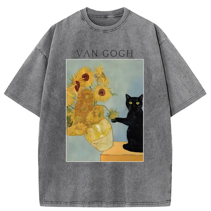 Black Cat With Sunflowers Washed T-Shirt