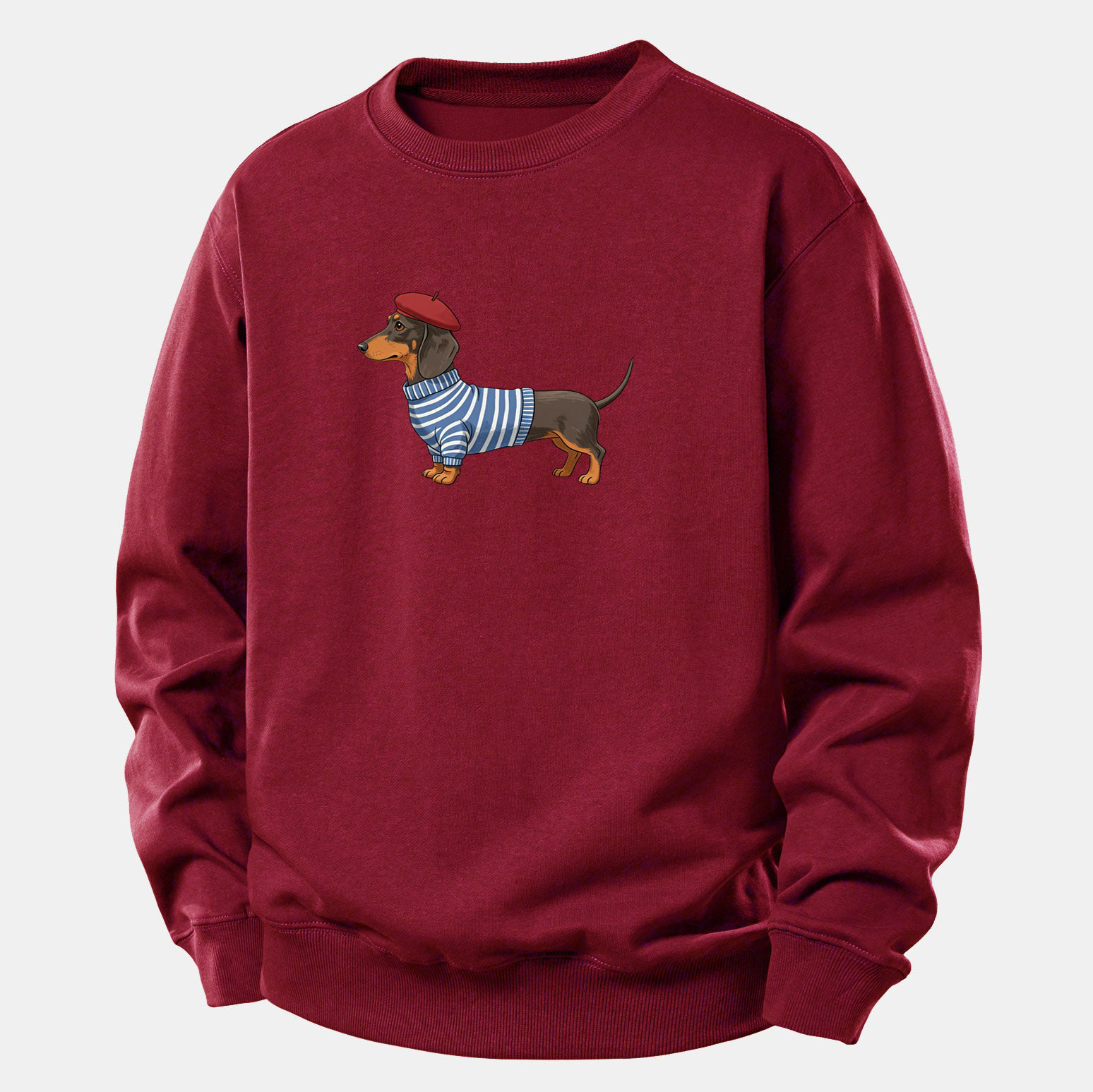 Dachshund Wearing Striped Sweater Print Relax Fit Sweatshirt