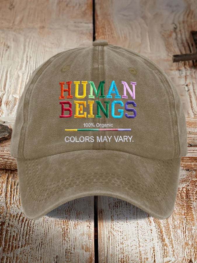 Retro Human Beings 100% Organic Colors May Vary Human Rights Equality Pride Print Baseball Cap