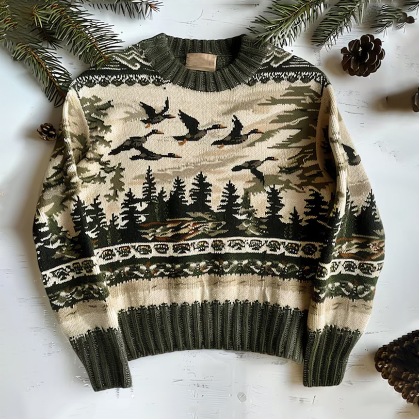 Vintage Forest And Birds Pattern Warmth Knitted Jacquard Unisex Sweater