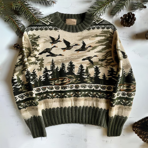 Vintage Forest And Birds Pattern Warmth Knitted Jacquard Unisex Sweater