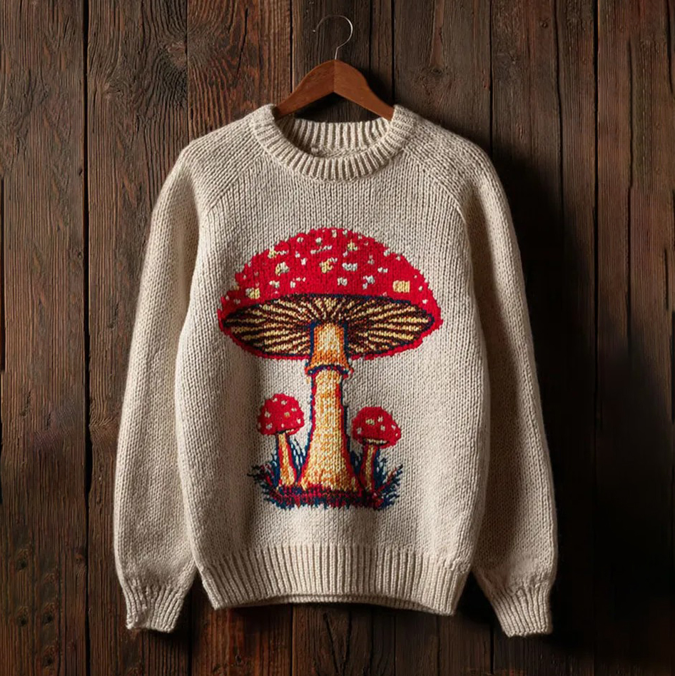 Women's Retro Mushroom Print Crew Neck Sweater