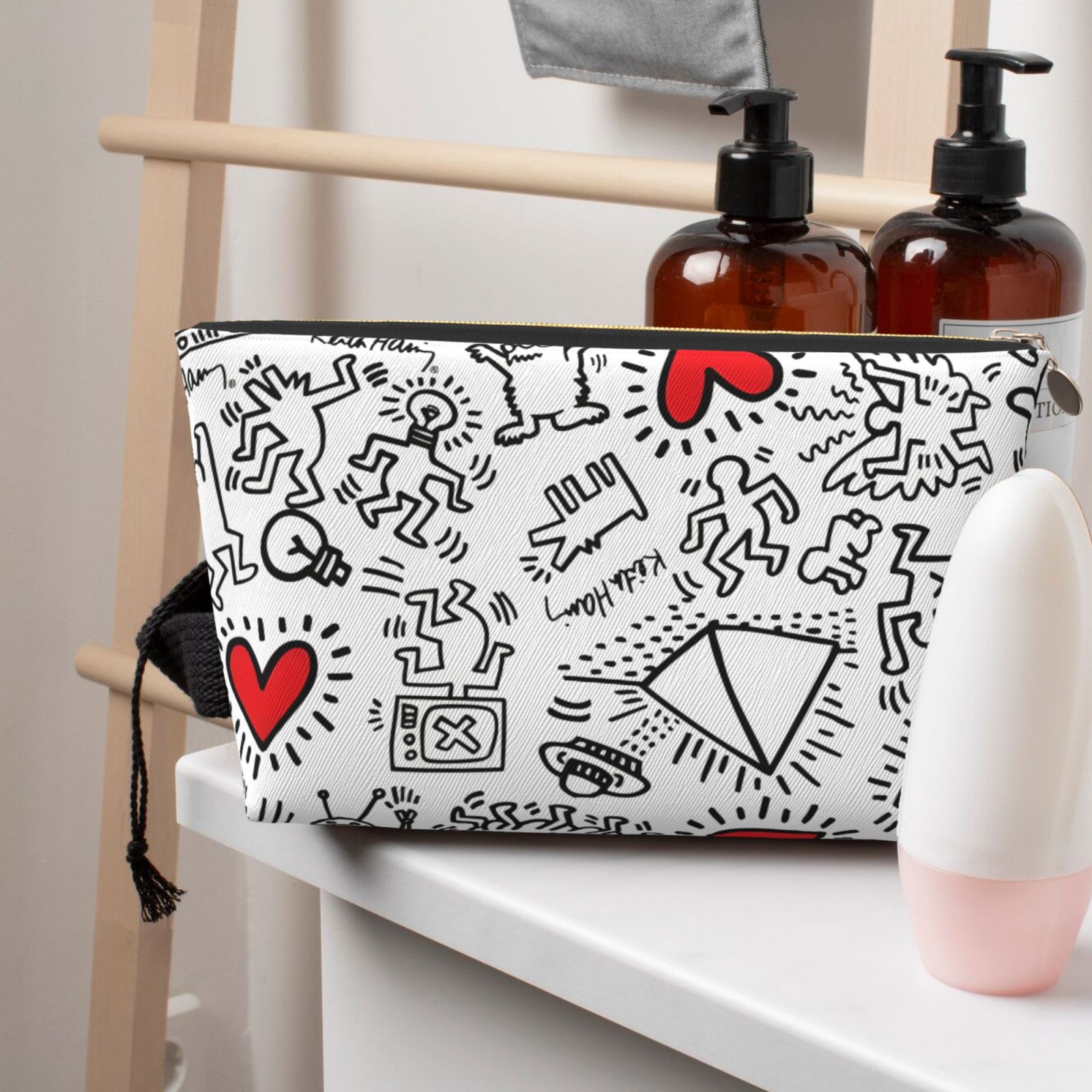 Heart Magnet Keith Haring Printed MakeUp Bag