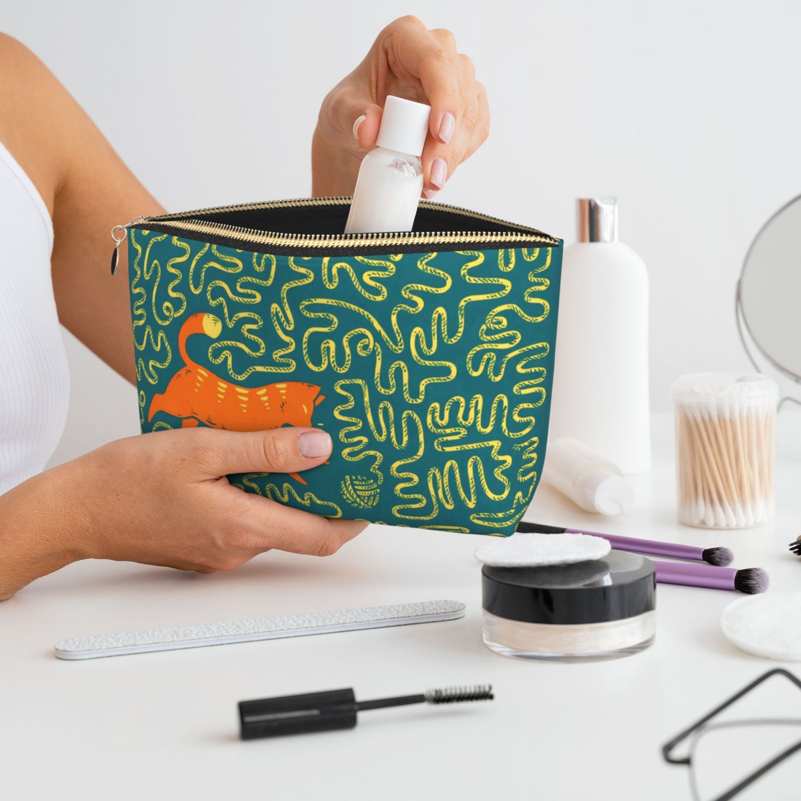 Orange Cat Yarn Play Printed Makeup Bag