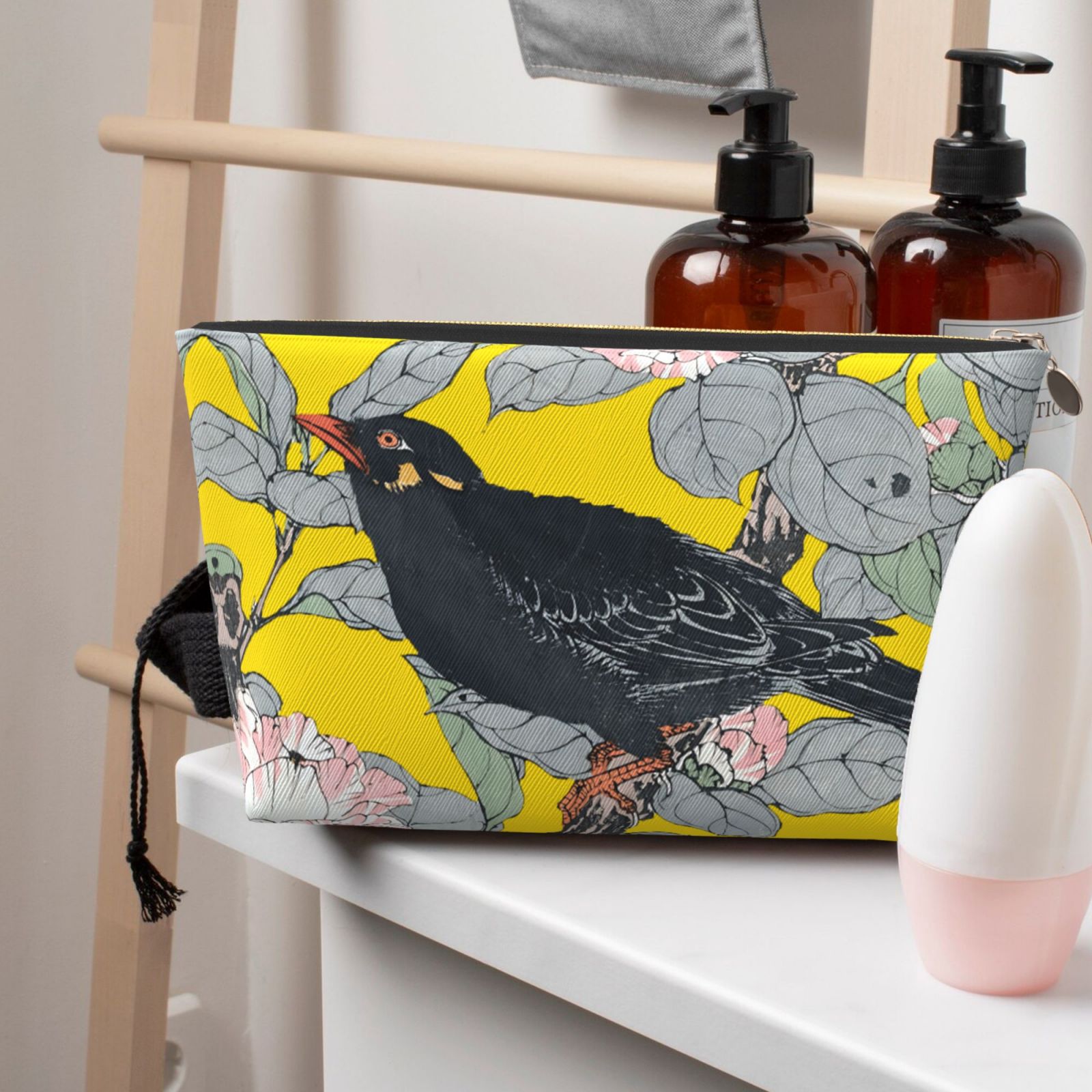 Vintage Bird in Flowers Printed Makeup Bag
