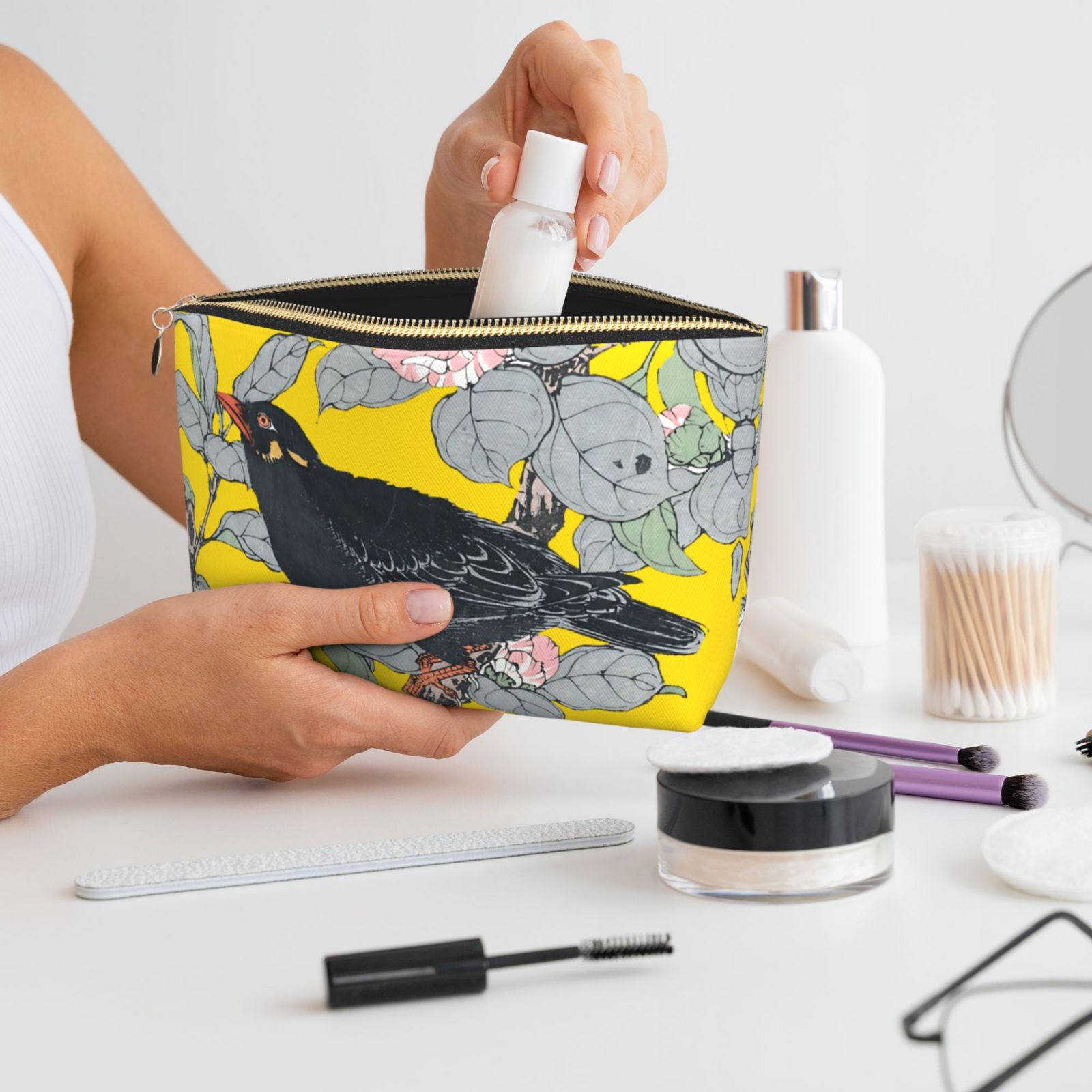 Vintage Bird in Flowers Printed Makeup Bag