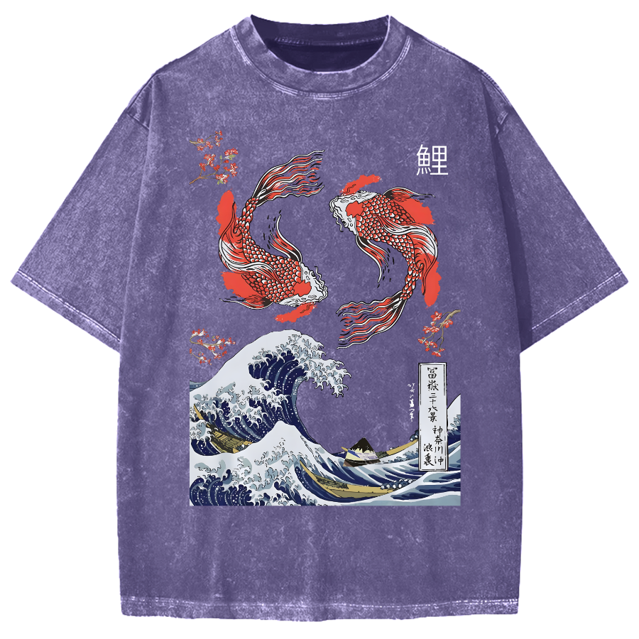 Yin Yang The Great Wave Off Koi Fish Japanese Art Vintage Washed T-shirt