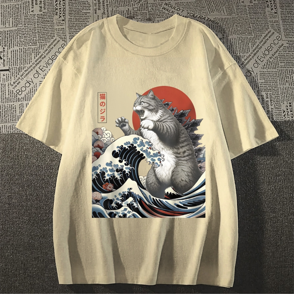 Cat Godzilla Ukiyoe Great Wave Japanese Style Classic Tee