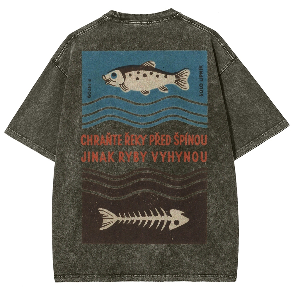 Fish And Fish Bone Washed Vintage Short Sleeves T-Shirt