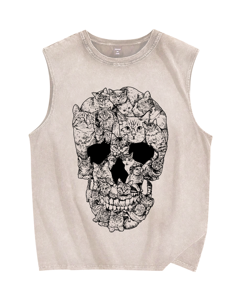 Cat & Skull Vintage Distressed Washed Tank Top
