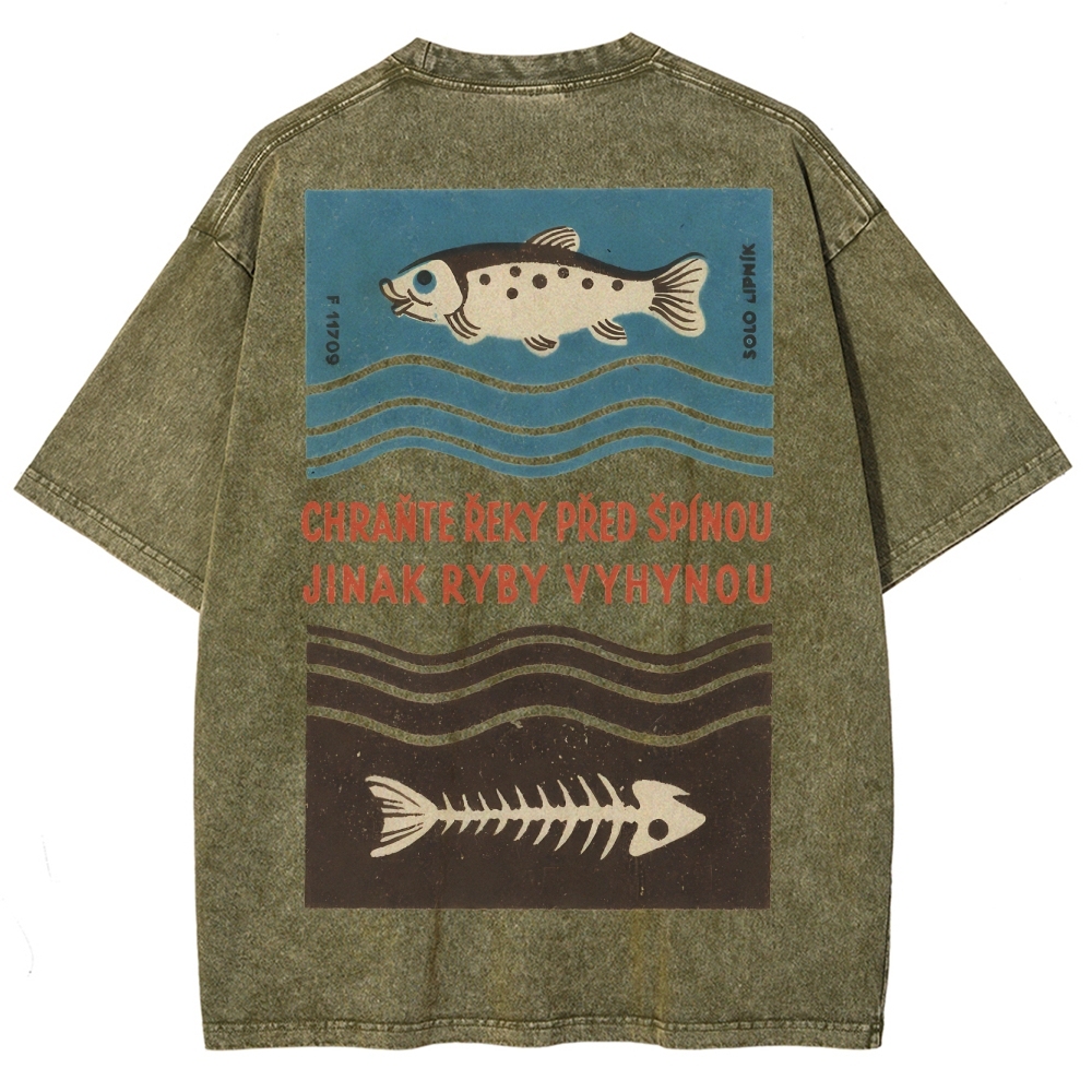 Fish And Fish Bone Washed Vintage Short Sleeves T-Shirt
